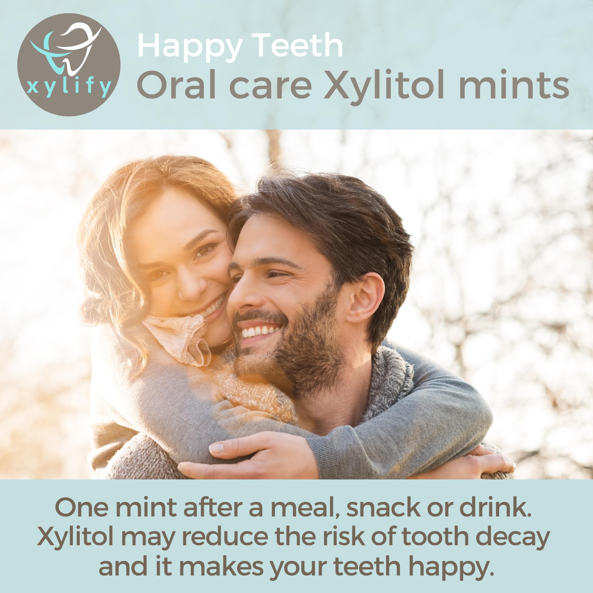 Xylify Happy Teeth mints in hand for convenient daily oral care