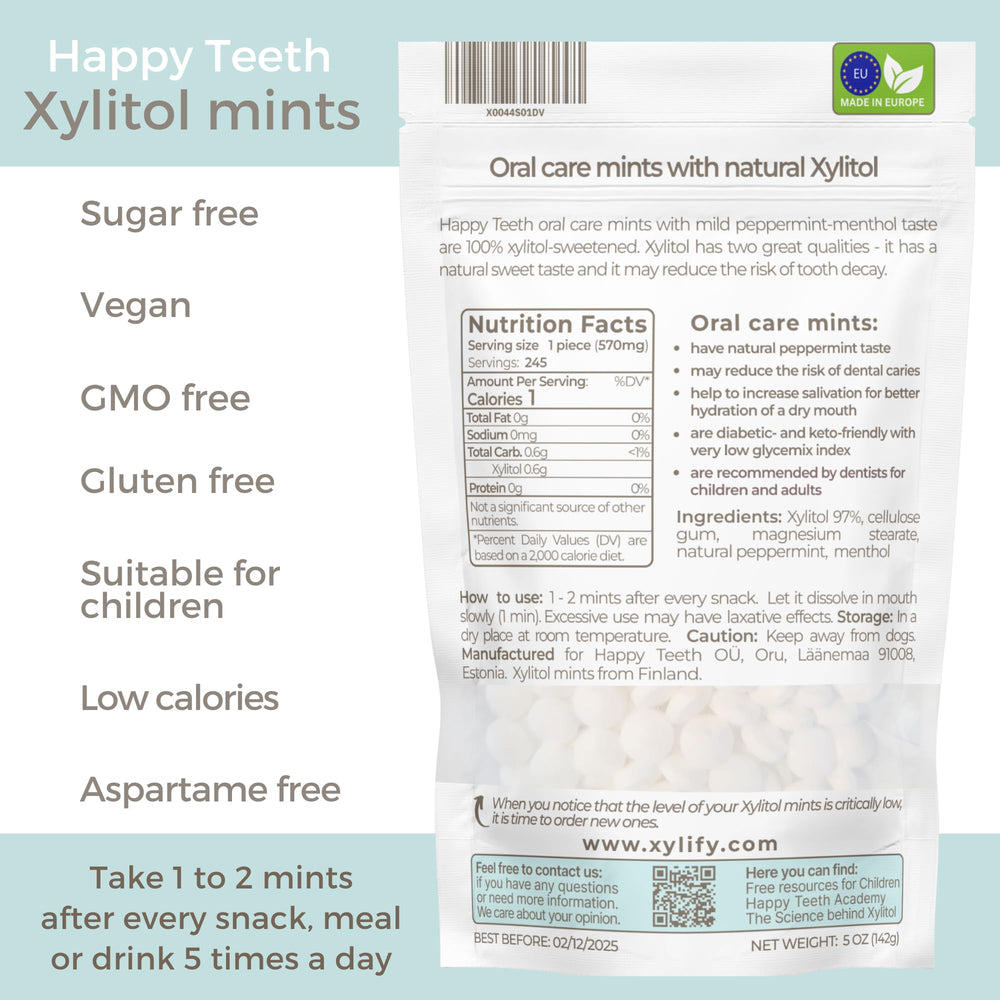 Xylify Happy Teeth mints jar open with mints ready for on‑the‑go use