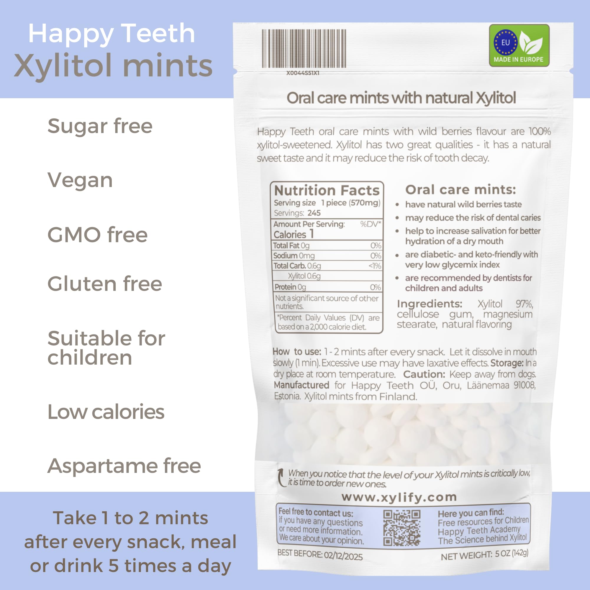 Close-up of Xylify Happy Teeth Wild Berries mints showing flavor