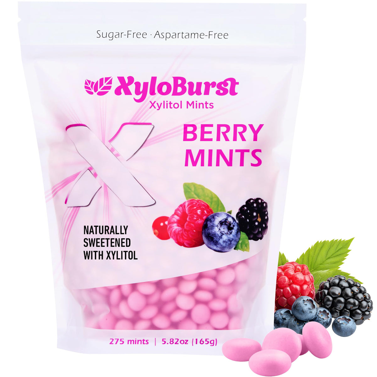 XyloBurst Berry Mints bag on display for fresh breath and convenience