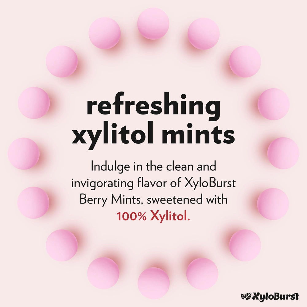 XyloBurst Berry Mints pack close-up highlighting berry flavor and packaging