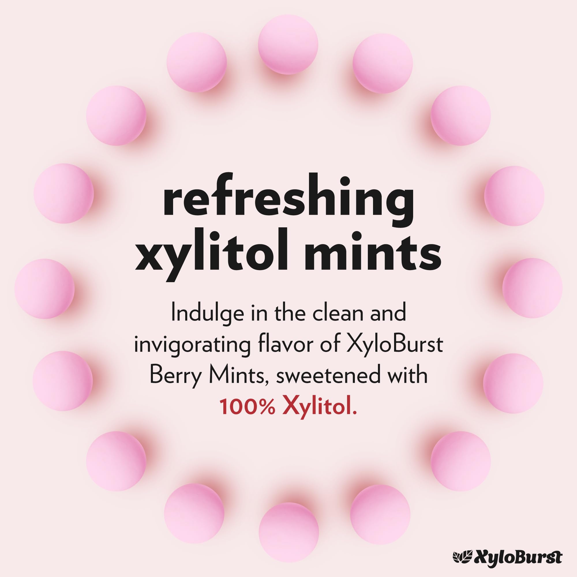 Xyloburst Berry Xylitol Mints closeup flavor emphasizes vibrant berry aroma and cooling bite.