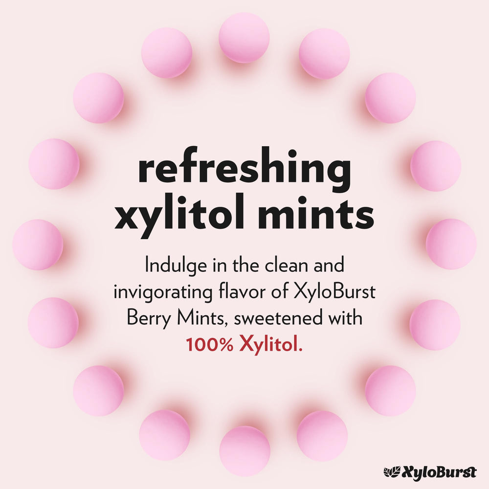 Xyloburst Berry Xylitol Mints closeup flavor emphasizes vibrant berry aroma and cooling bite.