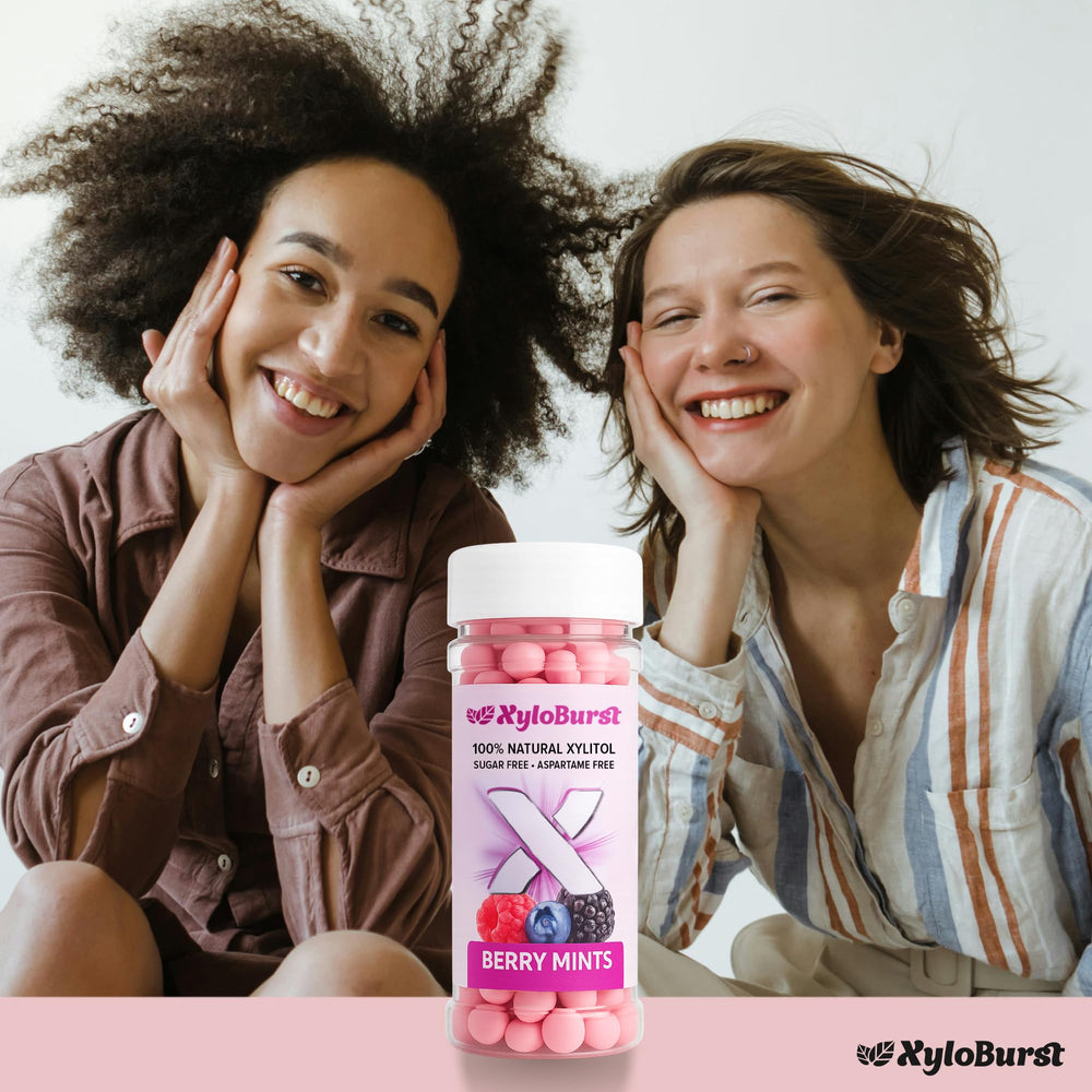 Xyloburst Berry Xylitol Mints packaging display signals ready-to-ship convenience.