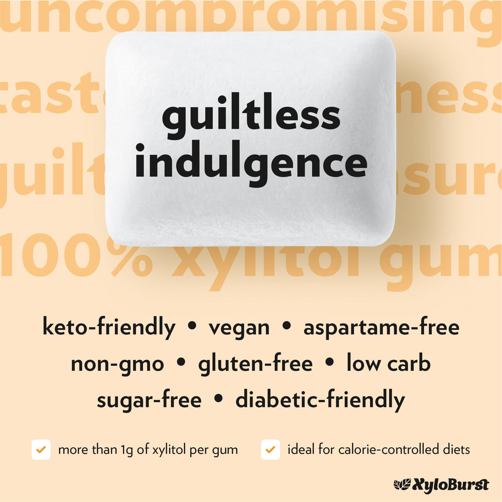 Xyloburst Gum Fresh Fruit flavor jar with xylitol benefits