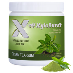 Xyloburst gum green tea jar shows convenient sugar-free chewing for fresher breath