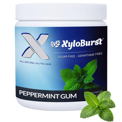XyloBurst peppermint gum jar shows sugar-free breath refresher with xylitol.