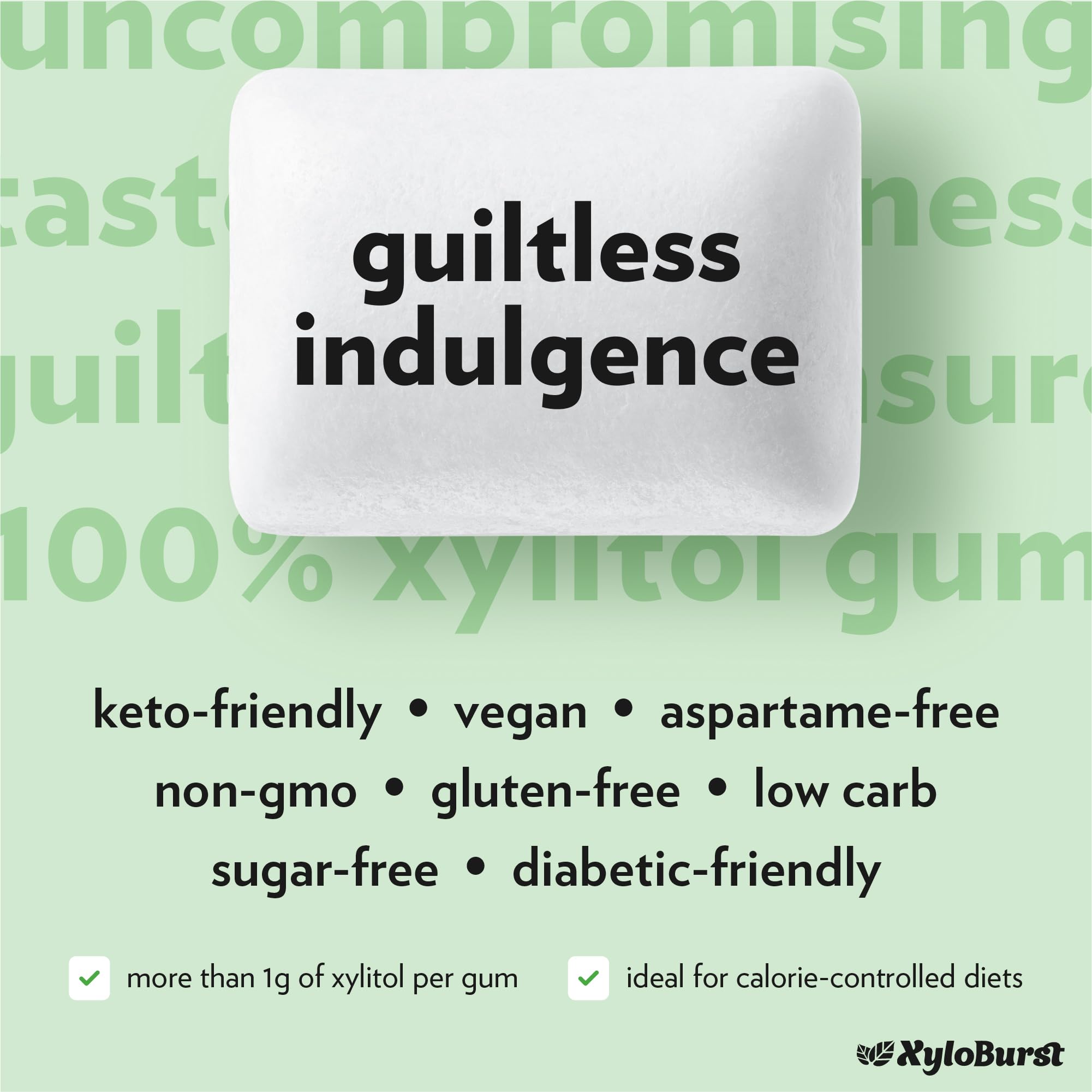 Xyloburst gum label details highlight gluten-free and keto attributes.
