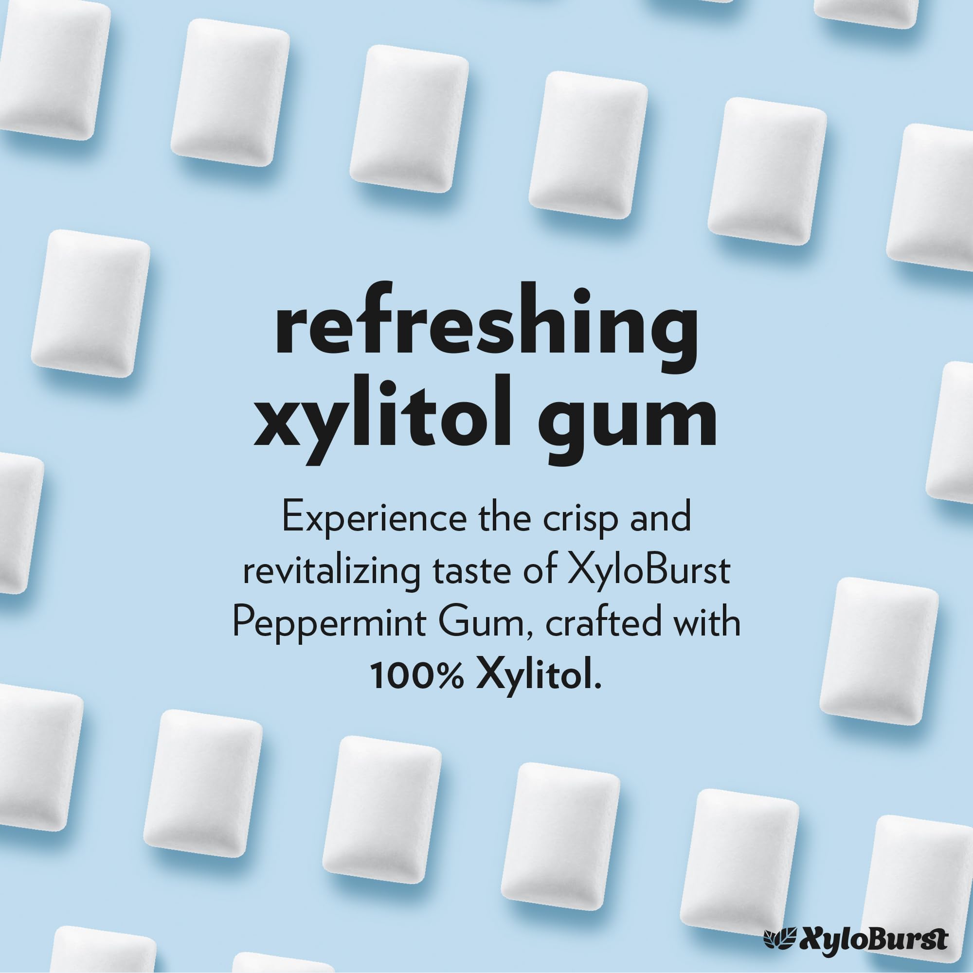 XyloBurst gum packaging close-up highlights sugar-free, aspartame-free formulation.