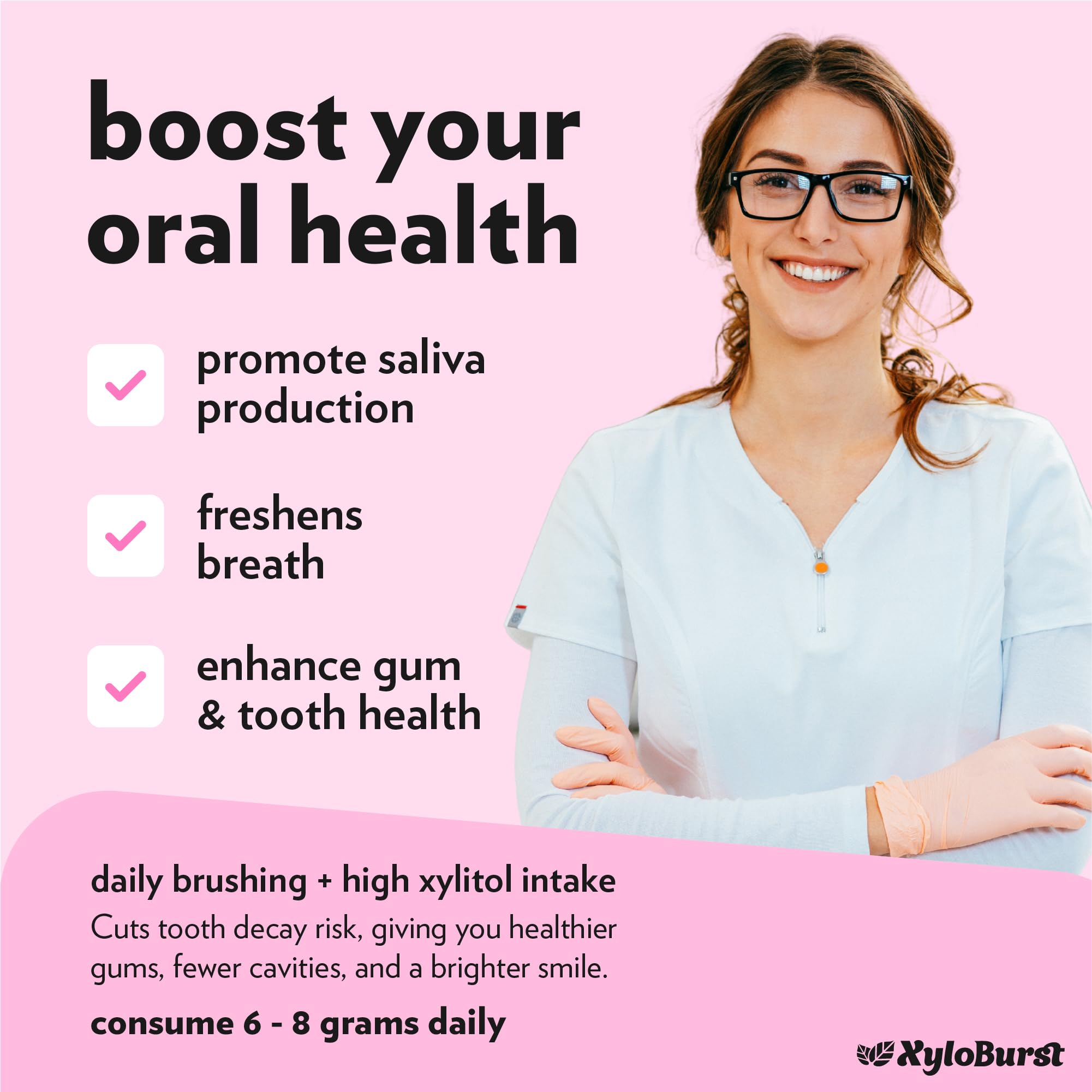 XyloBurst spearmint gum jar boosts saliva and clean mouthfeel.