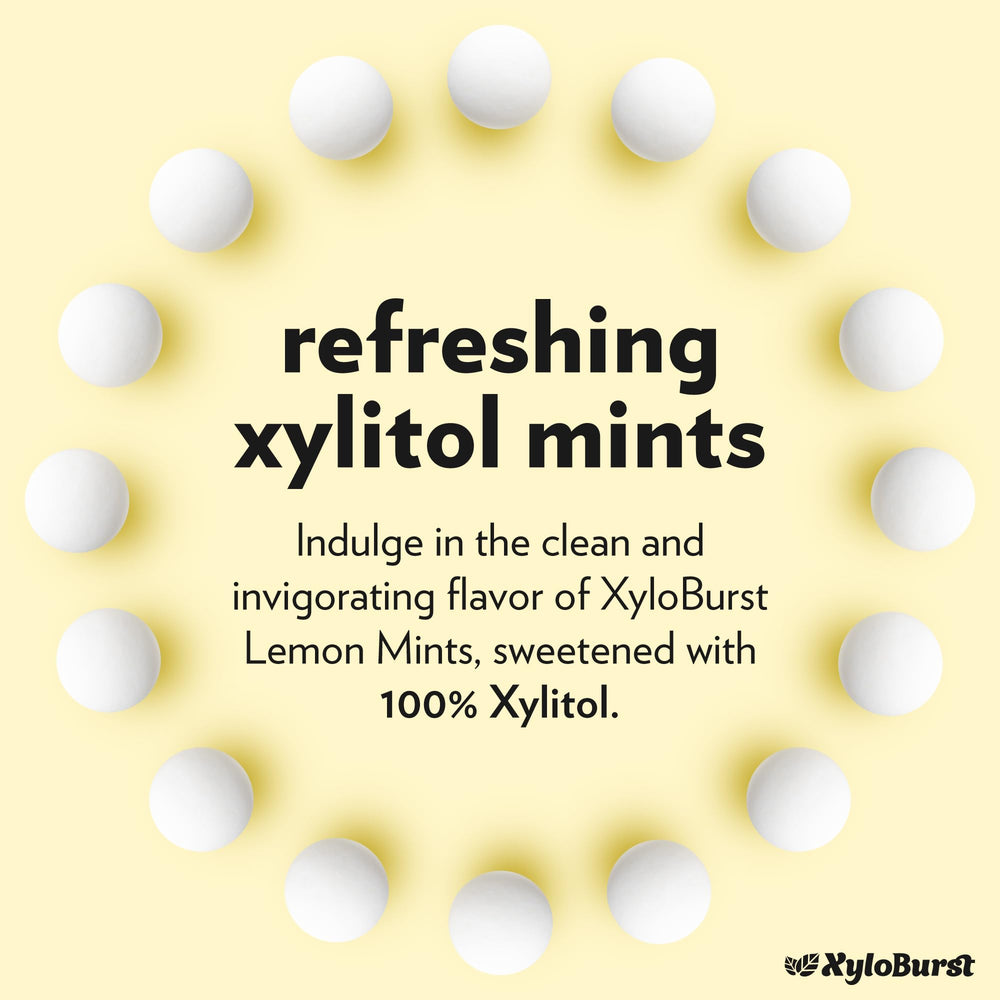 Xyloburst Lemon Mints bag back showing ingredients and notes.