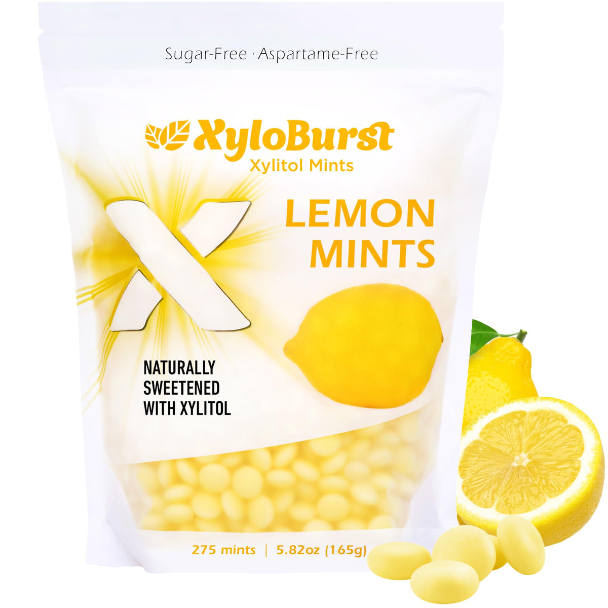 Xyloburst Lemon Mints bag front, sugar-free breath refresher.
