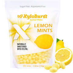 Xyloburst Lemon Mints bag front, sugar-free breath refresher.