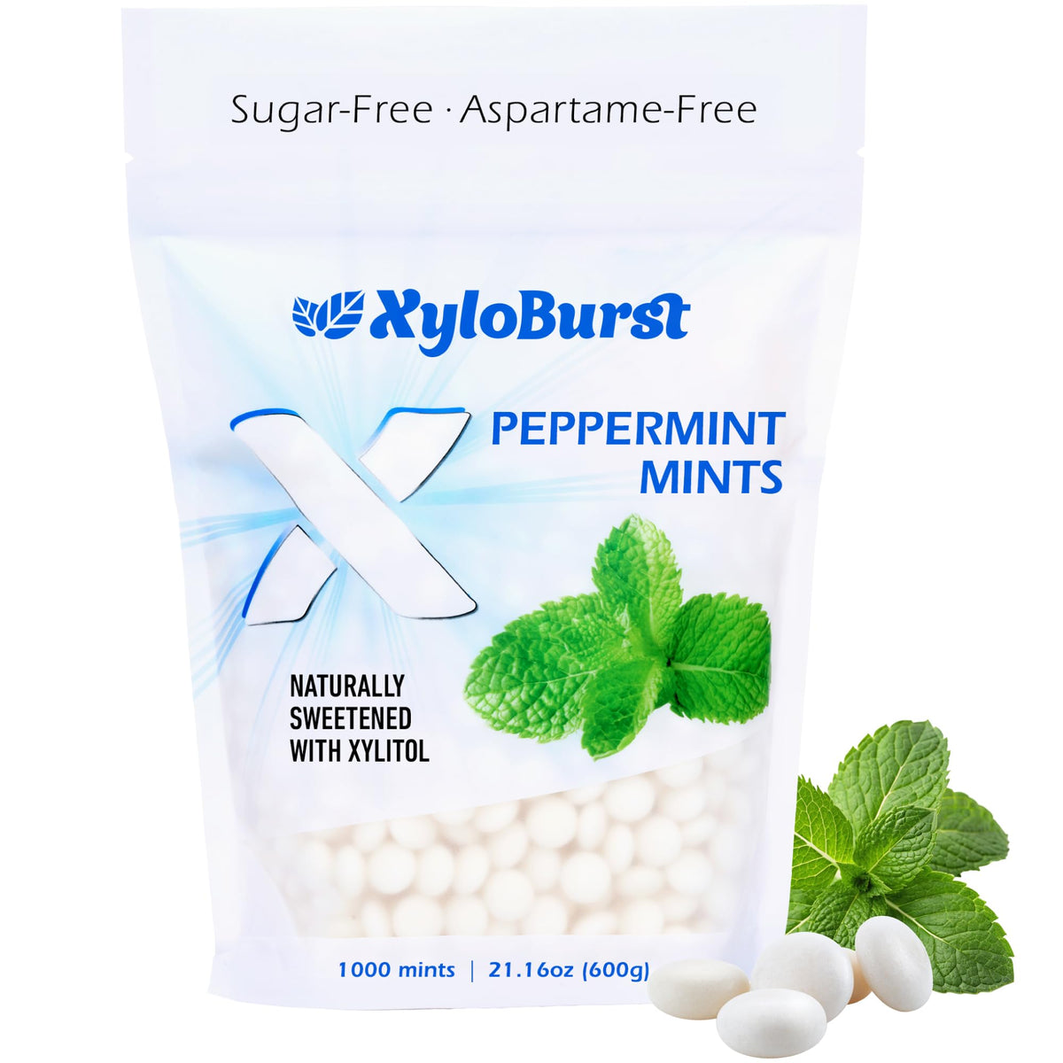Xyloburst mints pack front shows a 1000-count bag for sugar-free refreshment