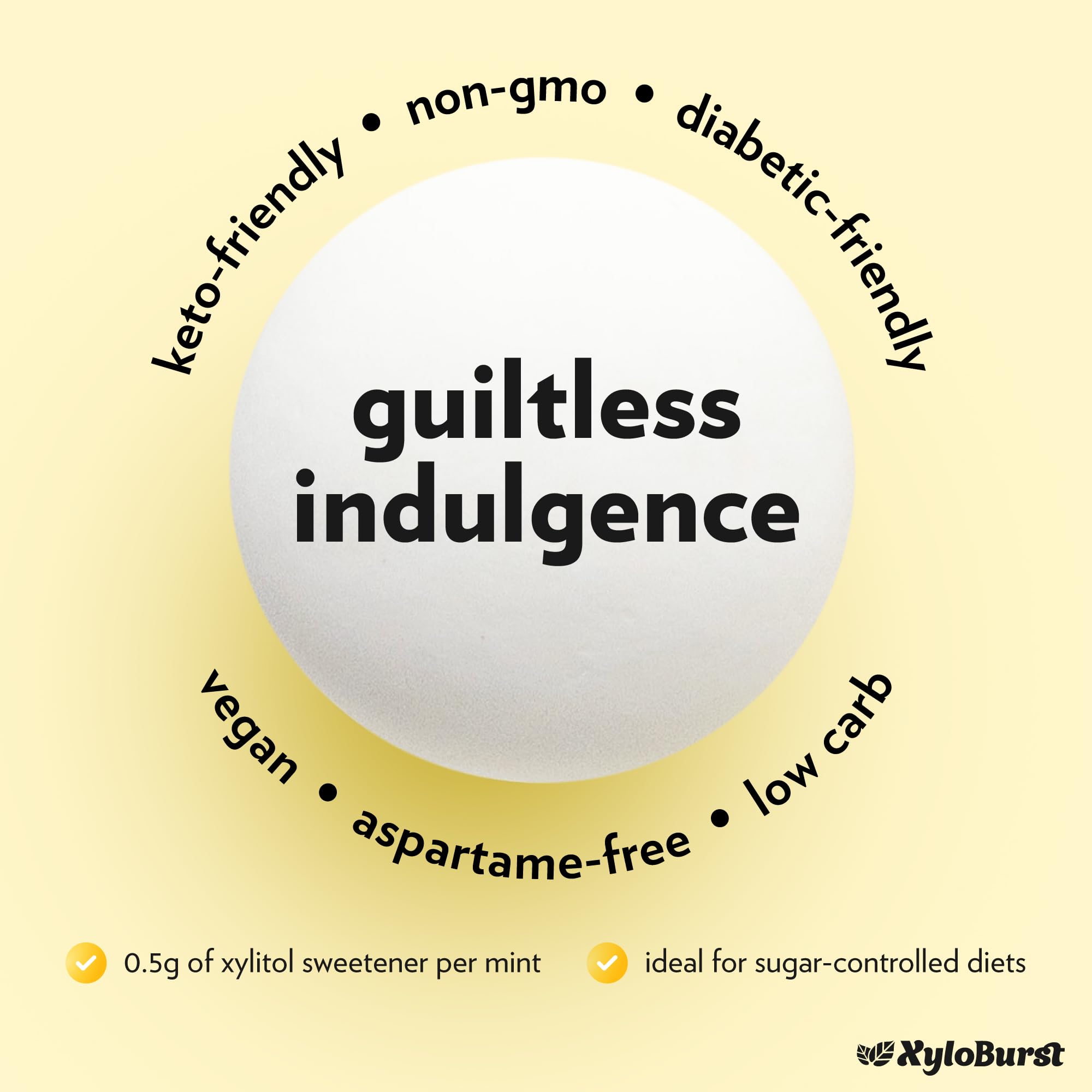 XyloBurst sugarfree mint label highlights gluten-free and vegan notes