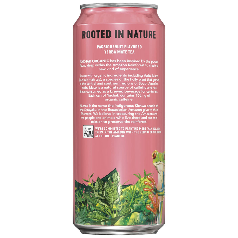 Yachak Passionfruit Yerba Mate can side view highlighting flavor and packaging