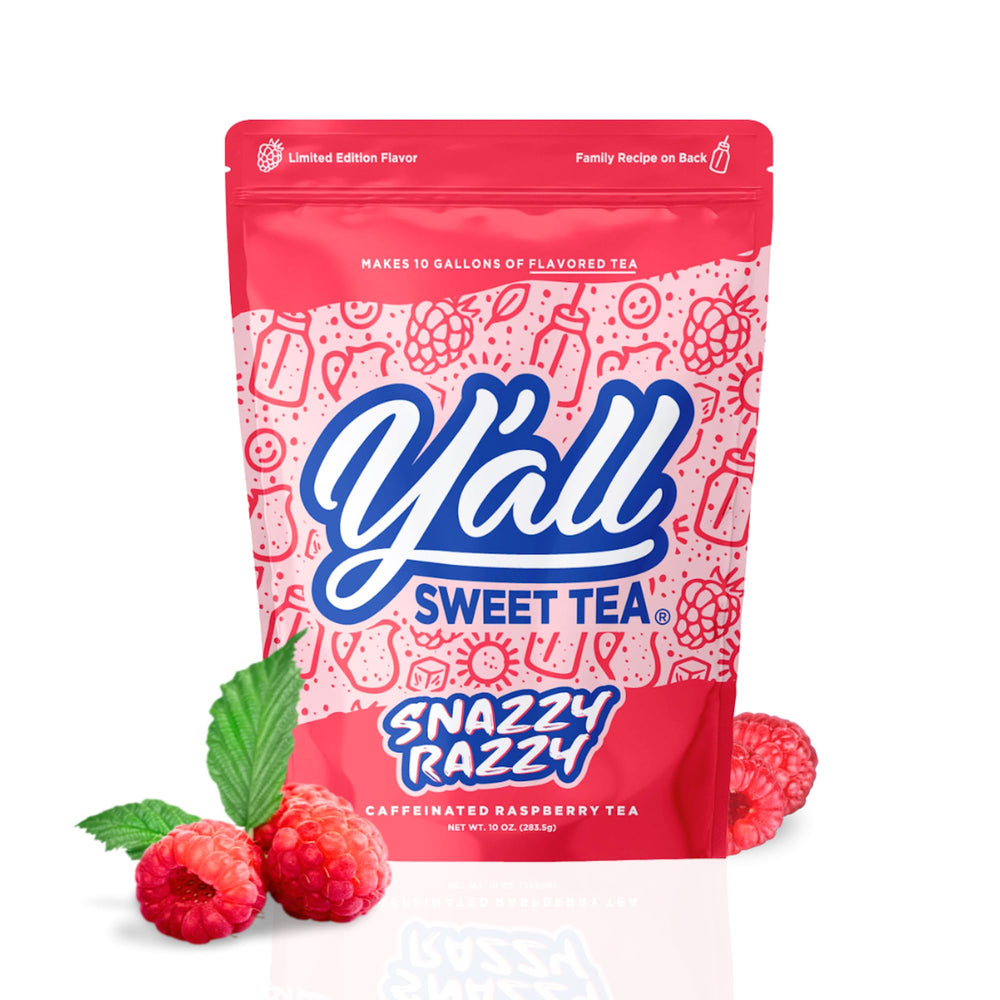 Y’all Sweet Tea Raspberry bottle pour highlighting bold berry flavor for gatherings.