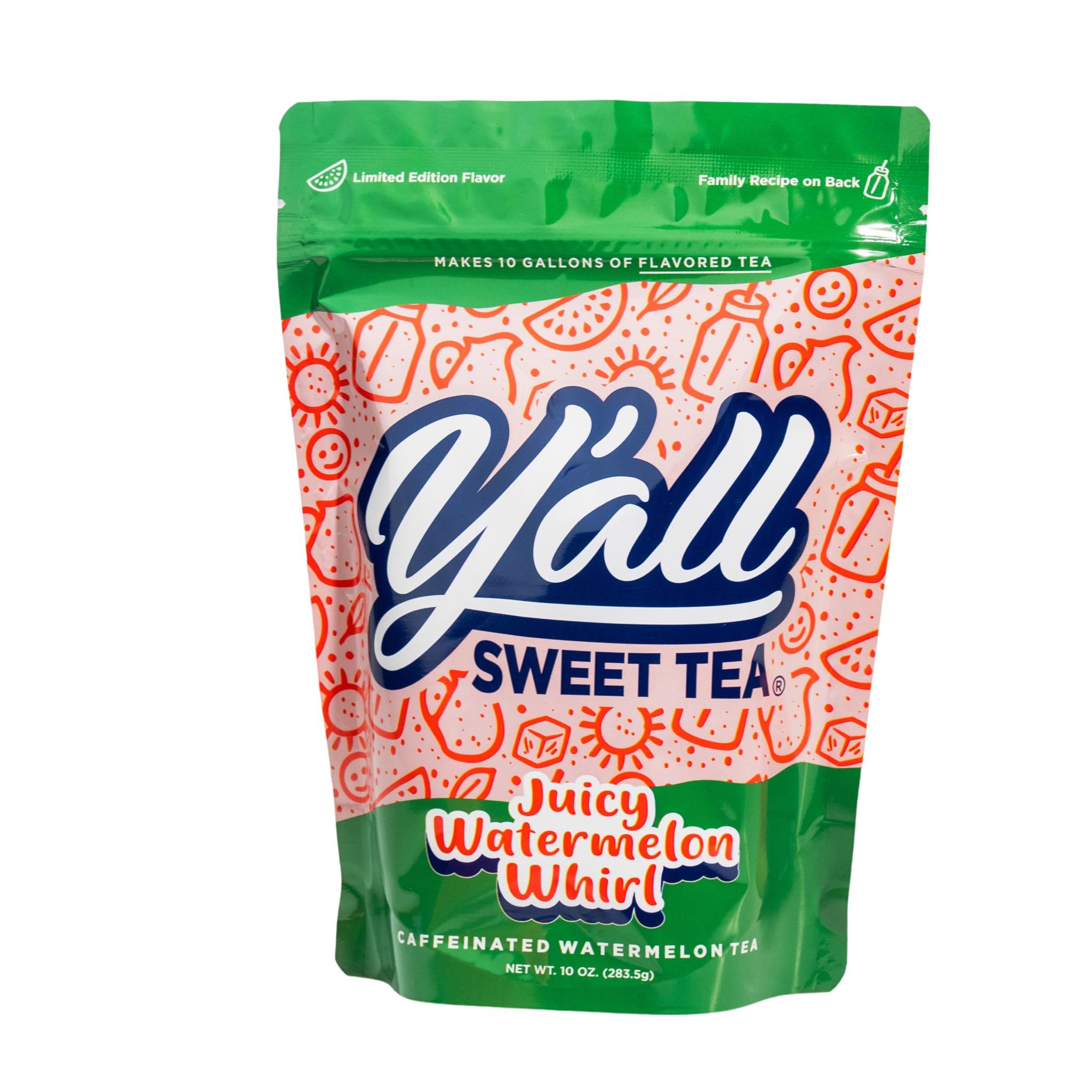 Y'all Sweet Tea Watermelon tea bags pouring into a glass