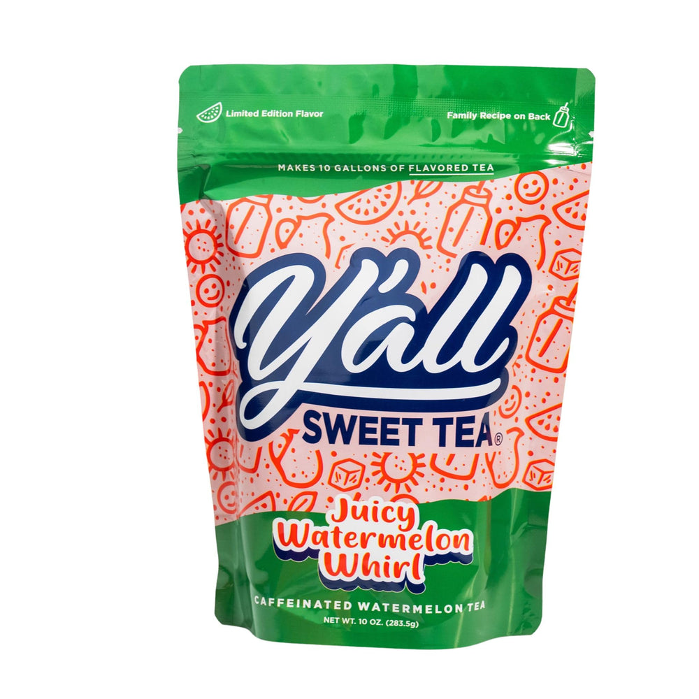 Y'all Sweet Tea Watermelon tea bags pouring into a glass