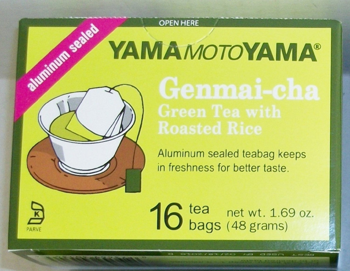 Yamamotoyama Genmai-Cha green tea with roasted rice tea bags showing nutty aroma.