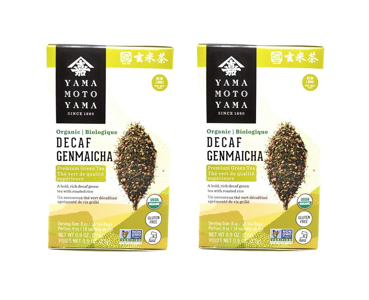 Yamamotoyama Organic Decaf Genmaicha cup with steam, showcasing smooth, caffeine-free green tea flavor.