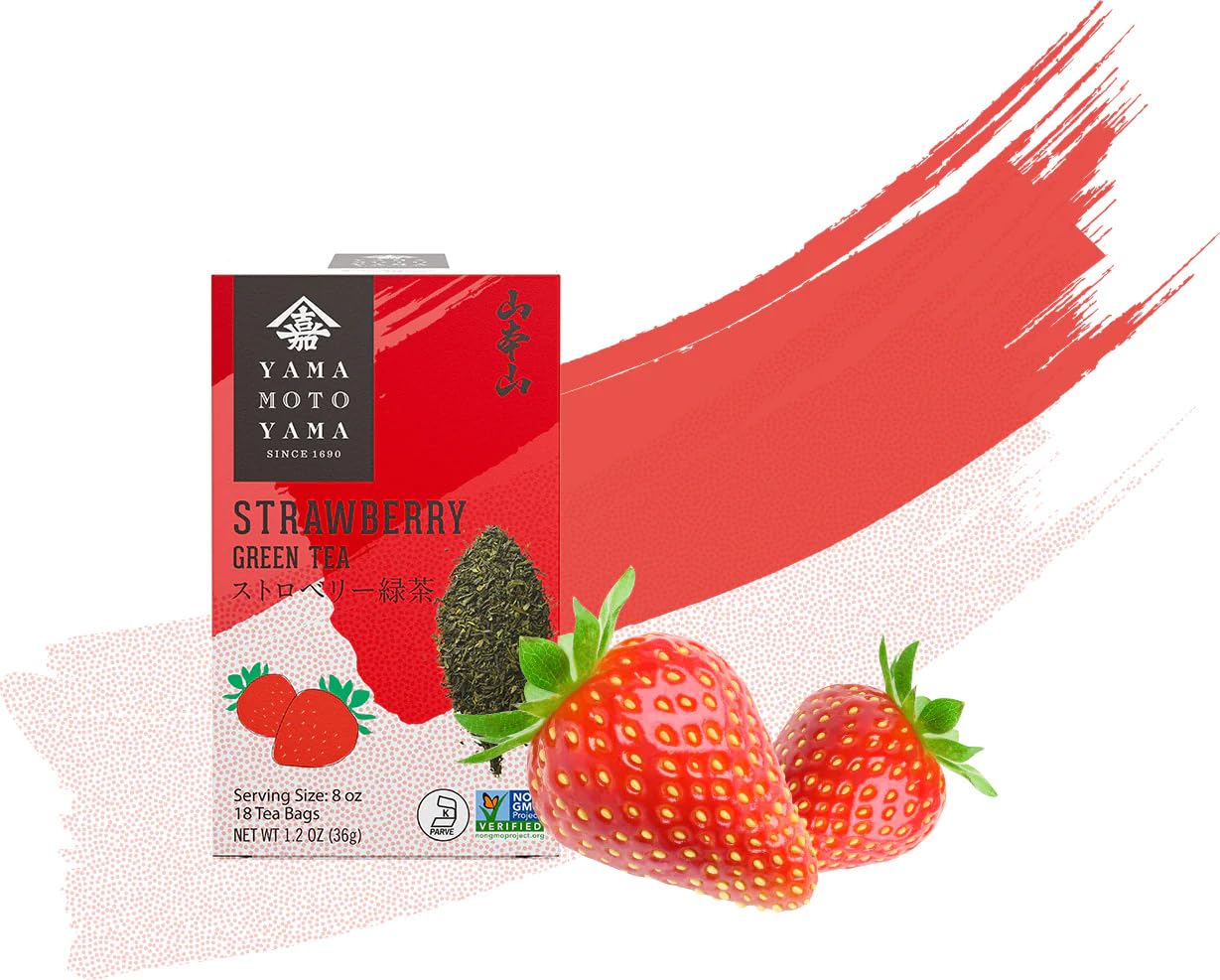 Yamamotoyama Green Tea with fresh strawberries in a cup, inviting sensory balance.