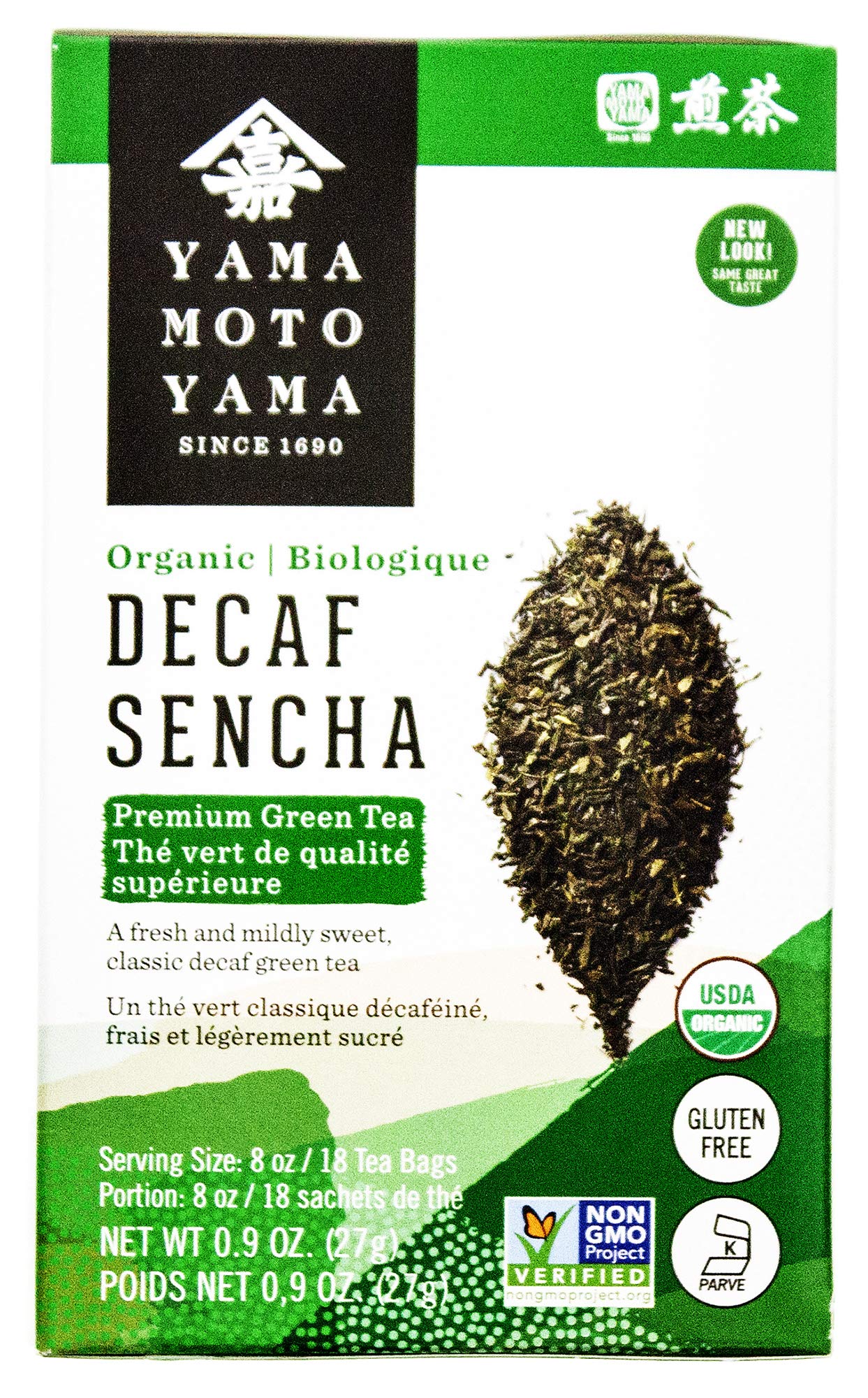 Yamamotoyama Organic Decaf Sencha tea bag front view, caffeine-free green tea option