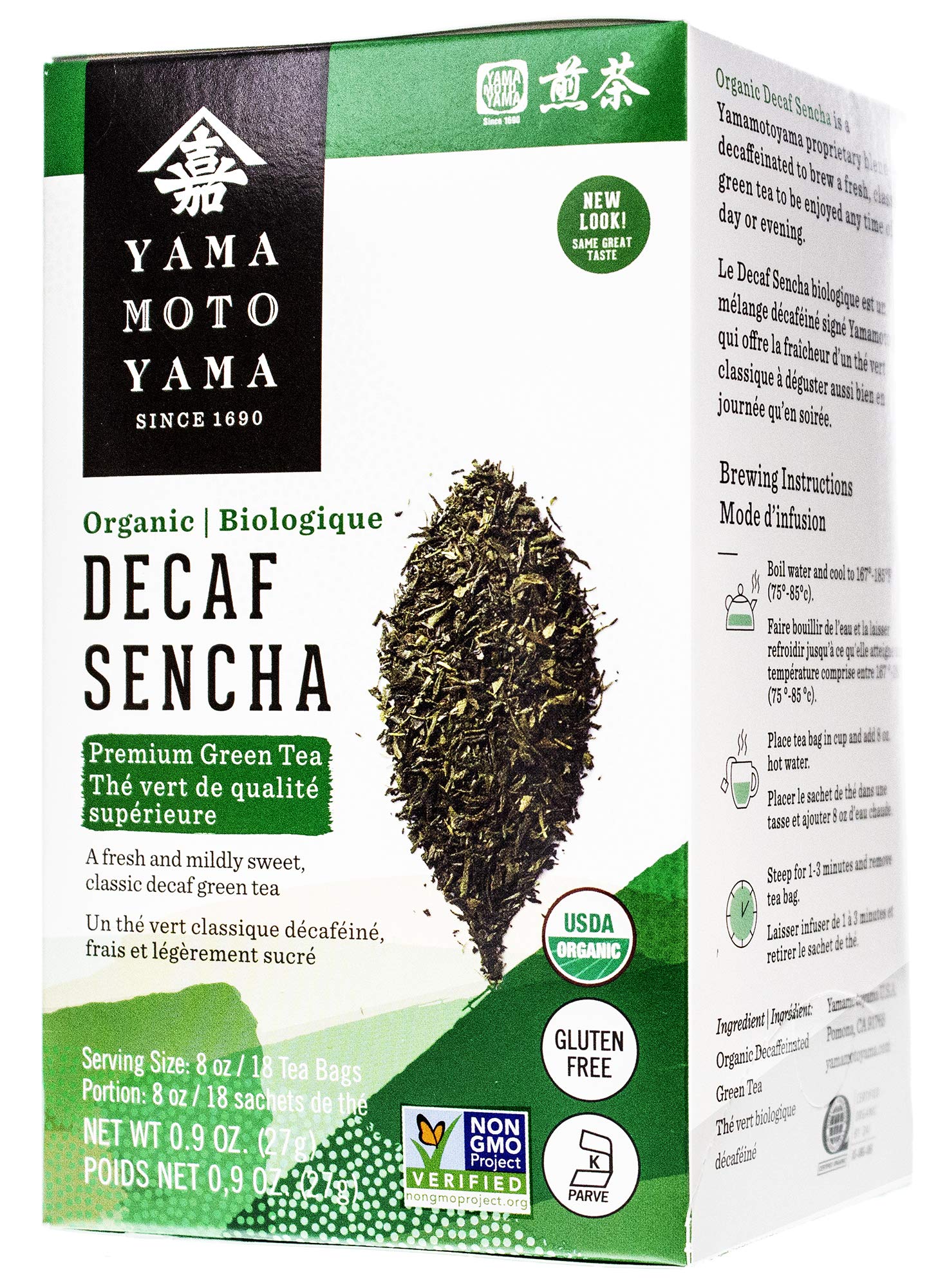 Yamamotoyama decaf sencha tea bag label close-up, organic and non-GMO