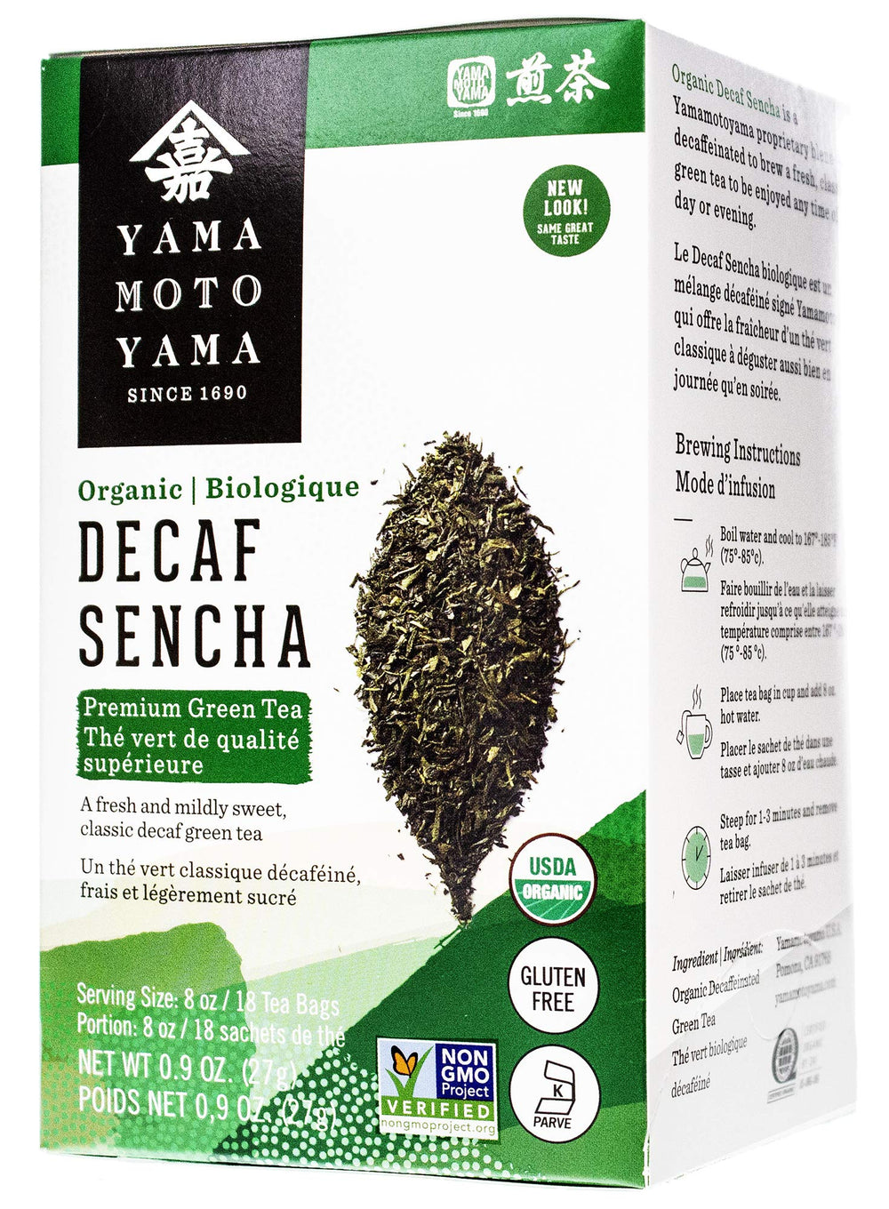 Yamamotoyama decaf sencha tea bag label close-up, organic and non-GMO