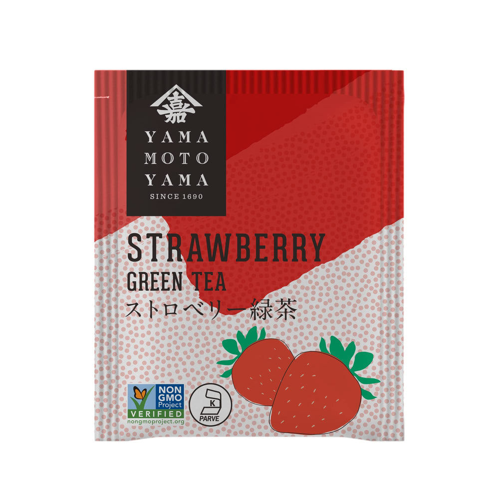 Yamamotoyama Strawberry Green Tea cup steeping with strawberries, ideal for an afternoon refreshment.