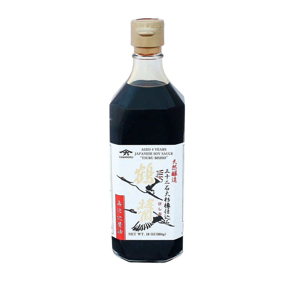 Yamaroku Tsuru Bishio 4-year soy sauce bottle highlighting aged depth for rich flavor.