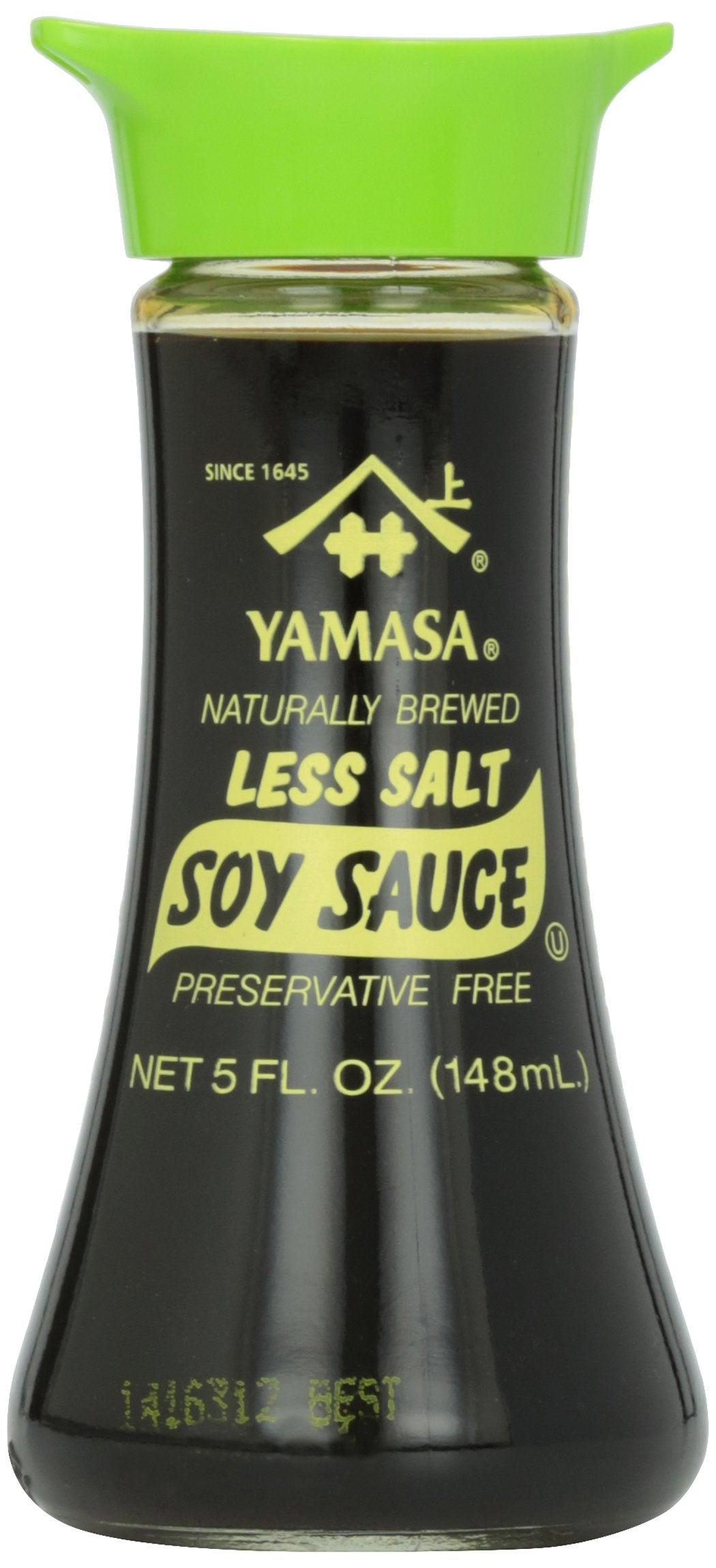 Yamasa Less Salt Soy Sauce bottle on a kitchen counter offers lower-sodium flavor for everyday meals.