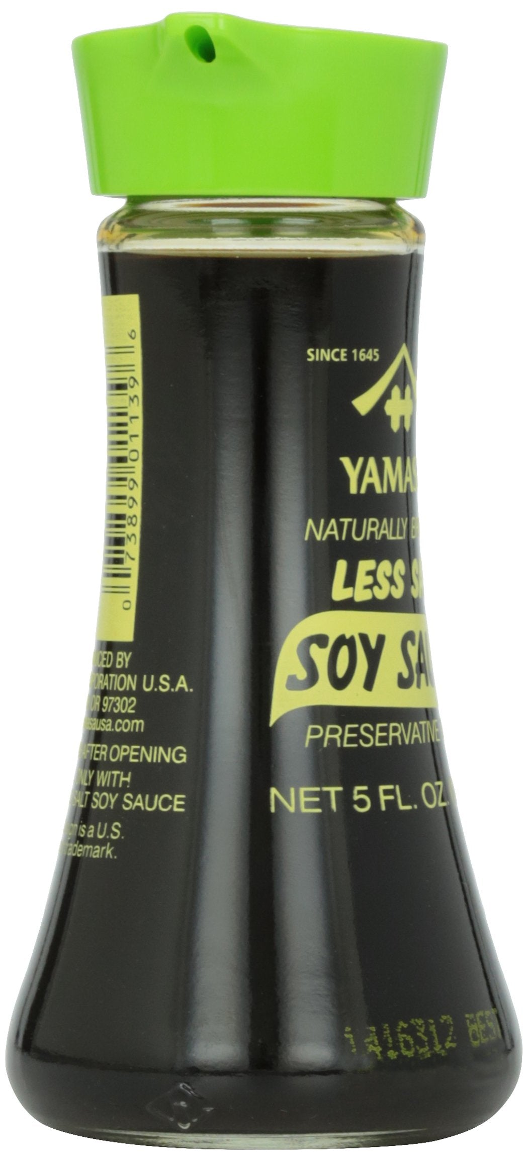 Yamasa Less Salt Soy Sauce label detail emphasizes kosher supervision and quality.