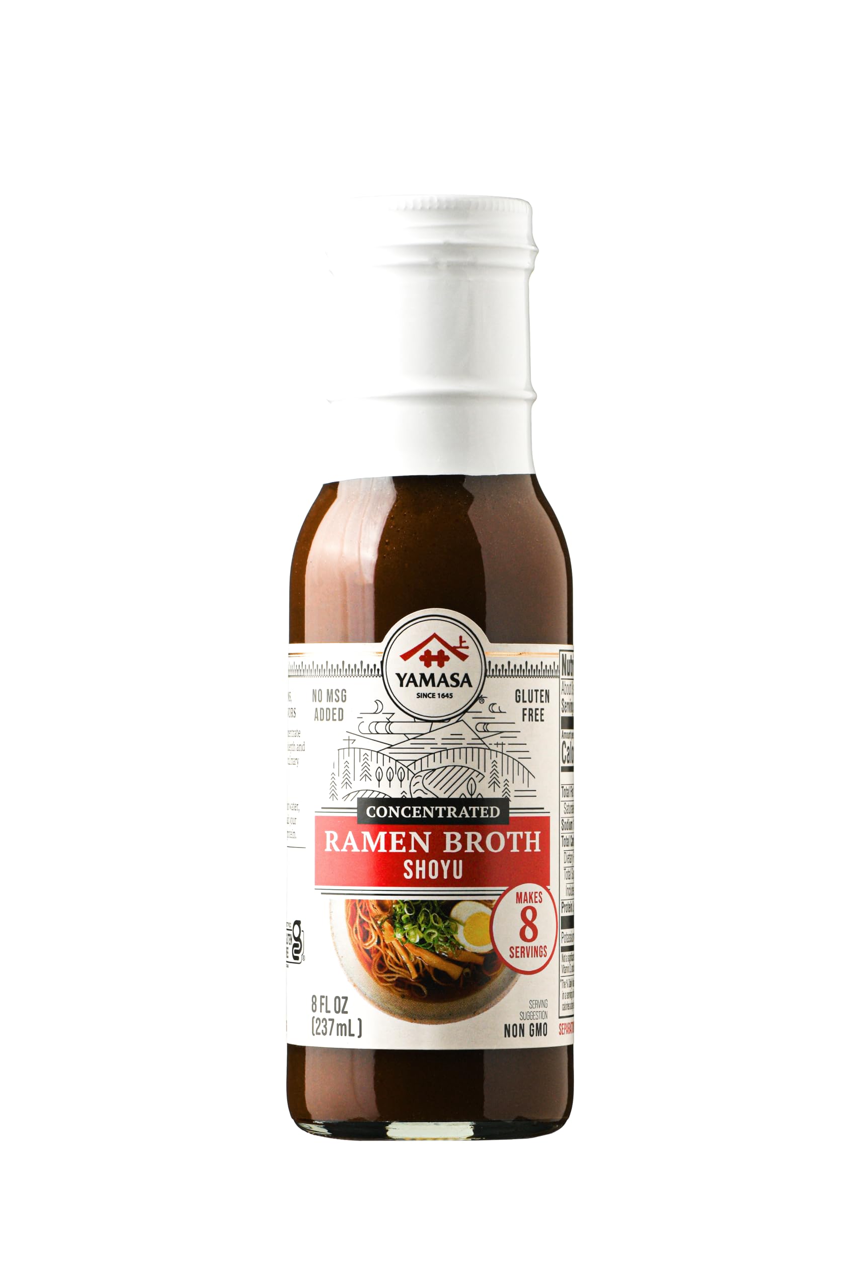 Yamasa Shoyu broth concentrate bottle highlighting rich umami for ramen and sauces.