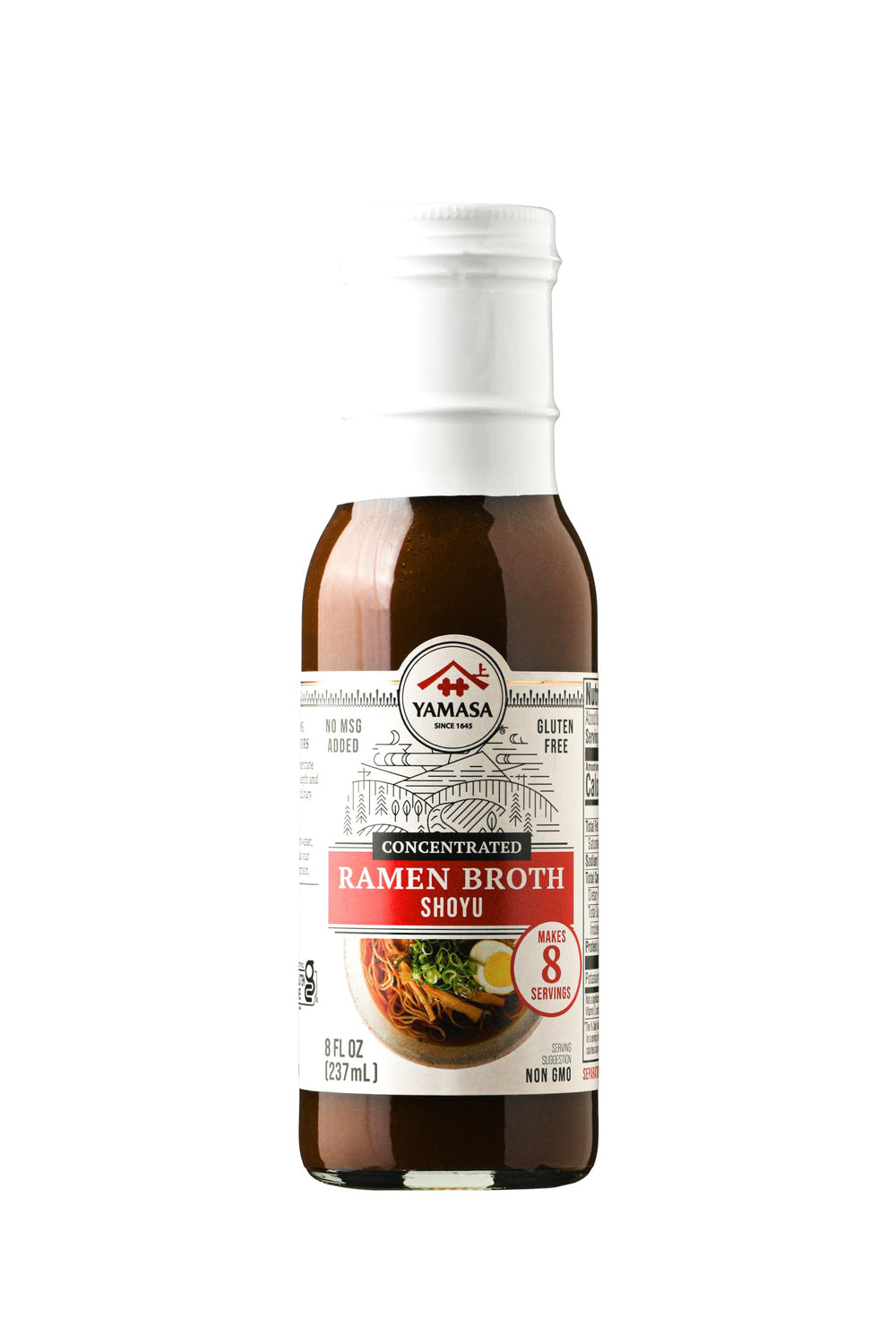Yamasa Shoyu broth concentrate bottle highlighting rich umami for ramen and sauces.