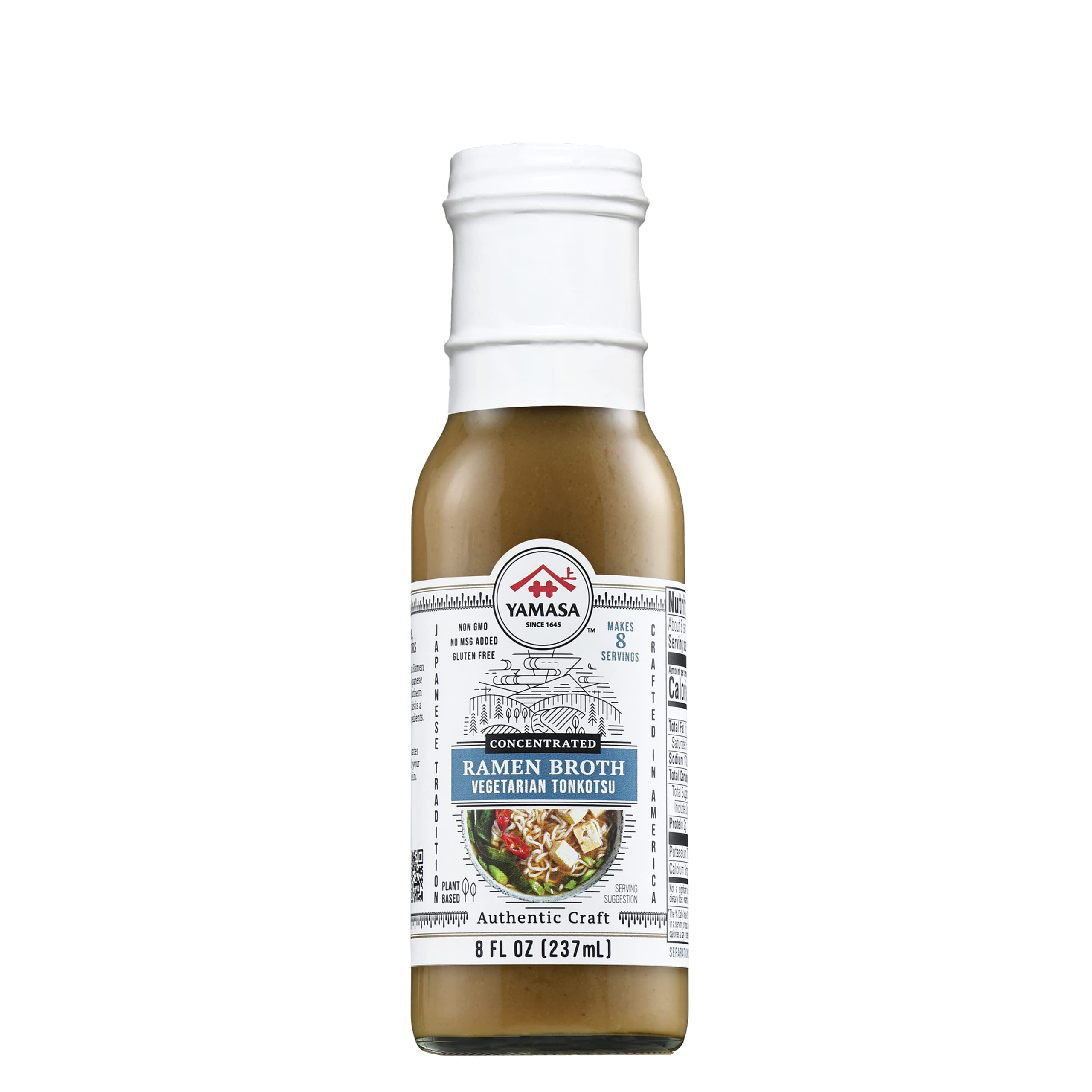 Yamasa Tonkotsu broth bottle pour shows gluten-free, no-MSG vegetarian base.