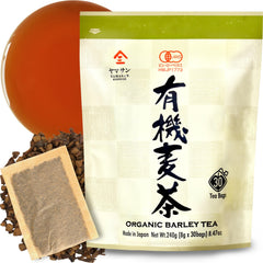 YAMASAN Kyoto Uji organic barley tea bags pack offering caffeine-free refreshment.
