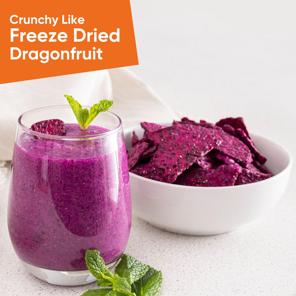 Yammy Dried Dragon Fruit Chips texture close-up highlights light, airy crunch.