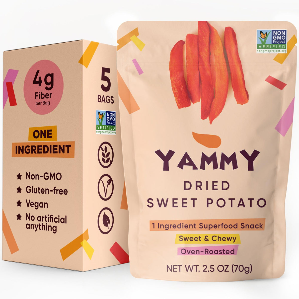 Yammy Dried Sweet Potato Sticks box on kitchen counter showing convenient 5-pack packaging