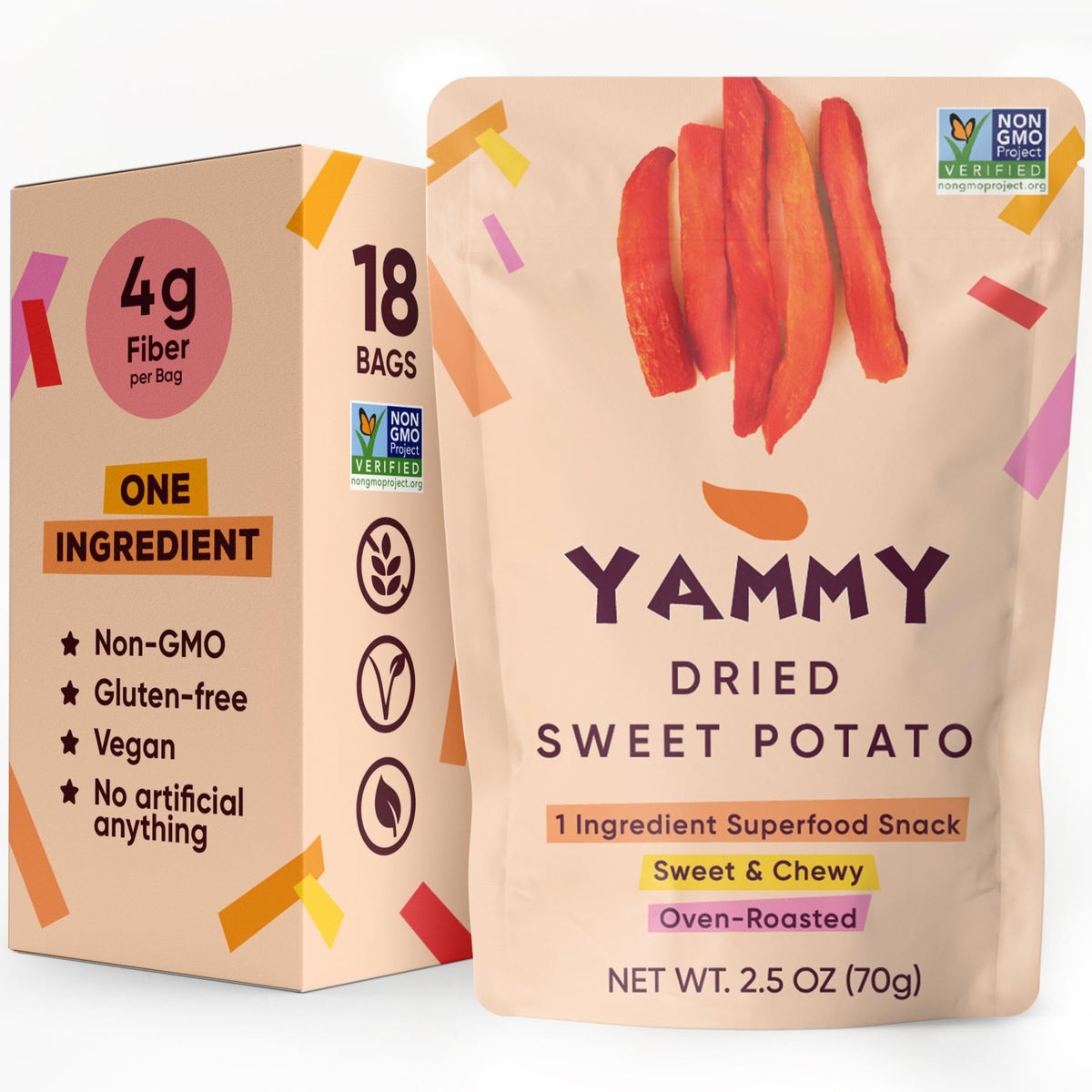 Yammy Dried Sweet Potato Sticks pack front, convenient on-the-go snack.