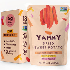 Yammy Dried Sweet Potato Sticks pack front, convenient on-the-go snack.