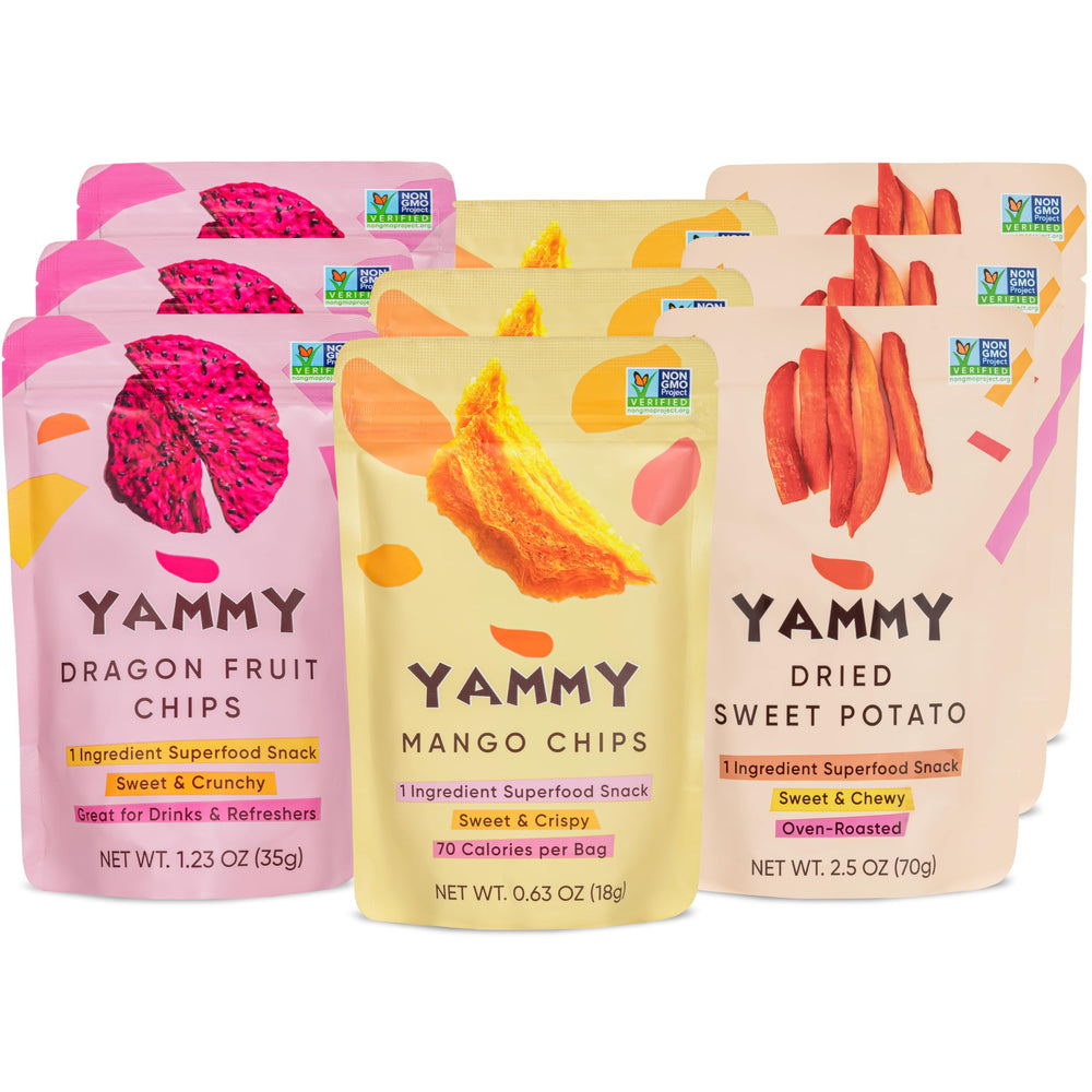Yammy dried sweet potato sticks in a resealable pouch for on-the-go snacking