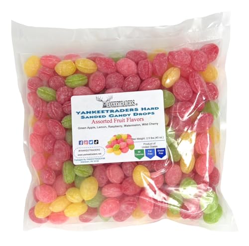 YANKEETRADERS assorted fruit hard sanded candy drops close-up of sugar sanding for a crisp texture.