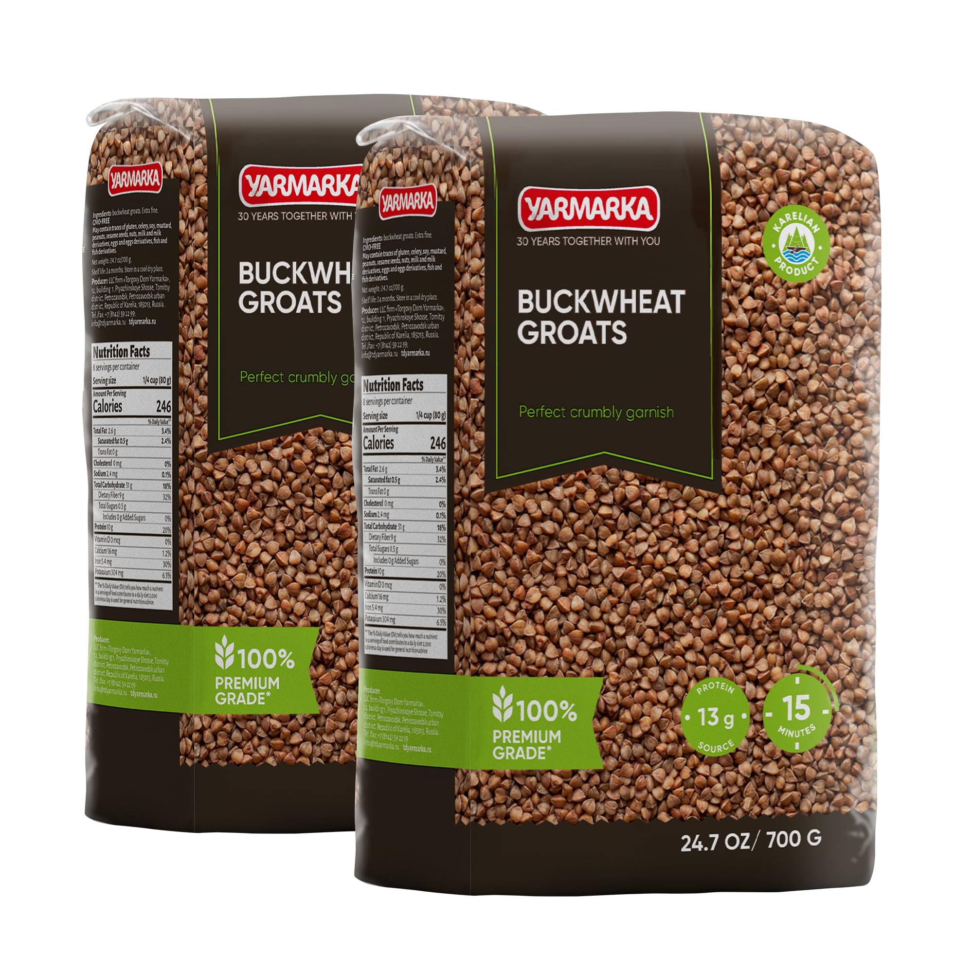 Yarmarka buckwheat packaging on display, convenient two-pack for pantry staples.