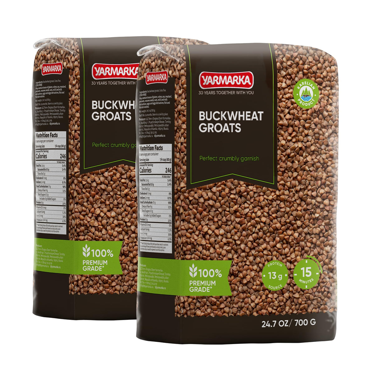 Yarmarka buckwheat packaging on display, convenient two-pack for pantry staples.