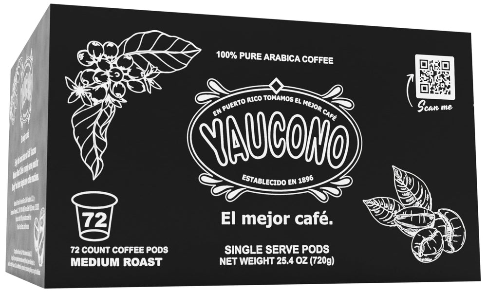 Boxed Yaucono pods beside a steaming cup showcases ease of use.