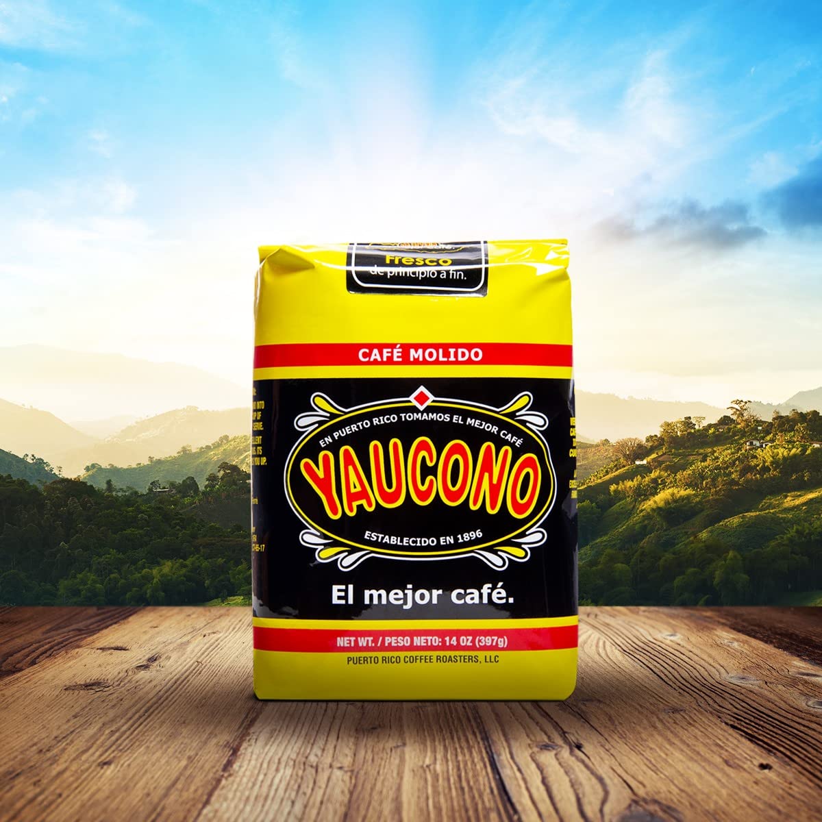 Yaucono ground coffee bag close-up, rich aroma hints at balanced roast