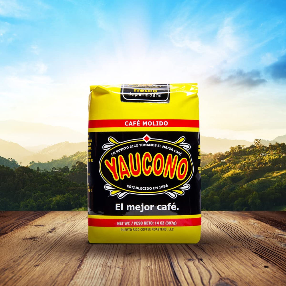 Yaucono ground coffee bag close-up, rich aroma hints at balanced roast