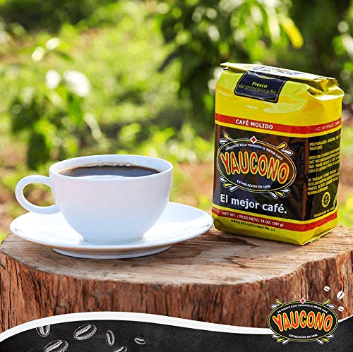Yaucono ground coffee four-pack back view, shows freshness and four-bag convenience