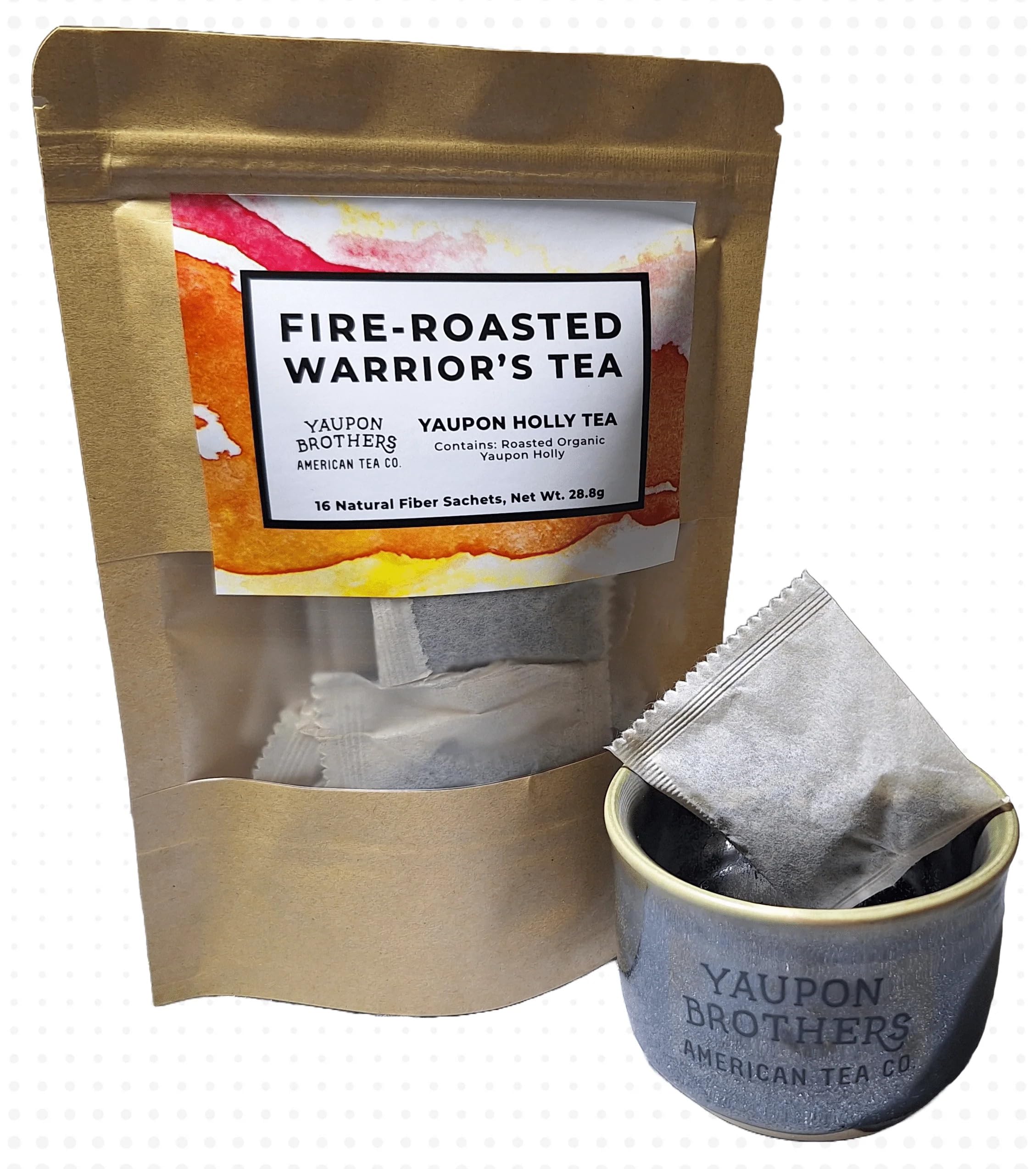 Yaupon Brothers fire-roasted Warrior Tea pack showing smoky, bold flavor.